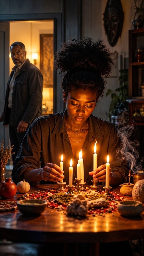 Rootwork Revenge poster — a woman lighting candles at a ritual table